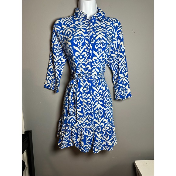 NAF NAF 100% VISCOSE BUTTON DOWN COLLARED‎ BLUE LONG SLEEVE DRESS EUC SIZE 4 - Picture 5 of 13
